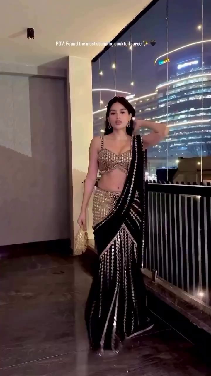 Black Georgette Mirror & Sequins Meteor Embroidered Saree With Blouse