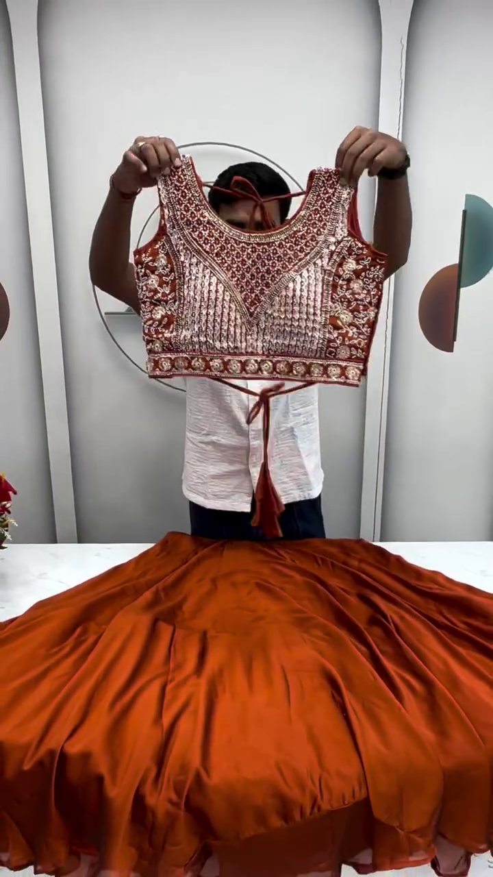 Orange Silk Zari Sequence Embroidery Work Semi Sttiched Lehenga Choli For Women's.