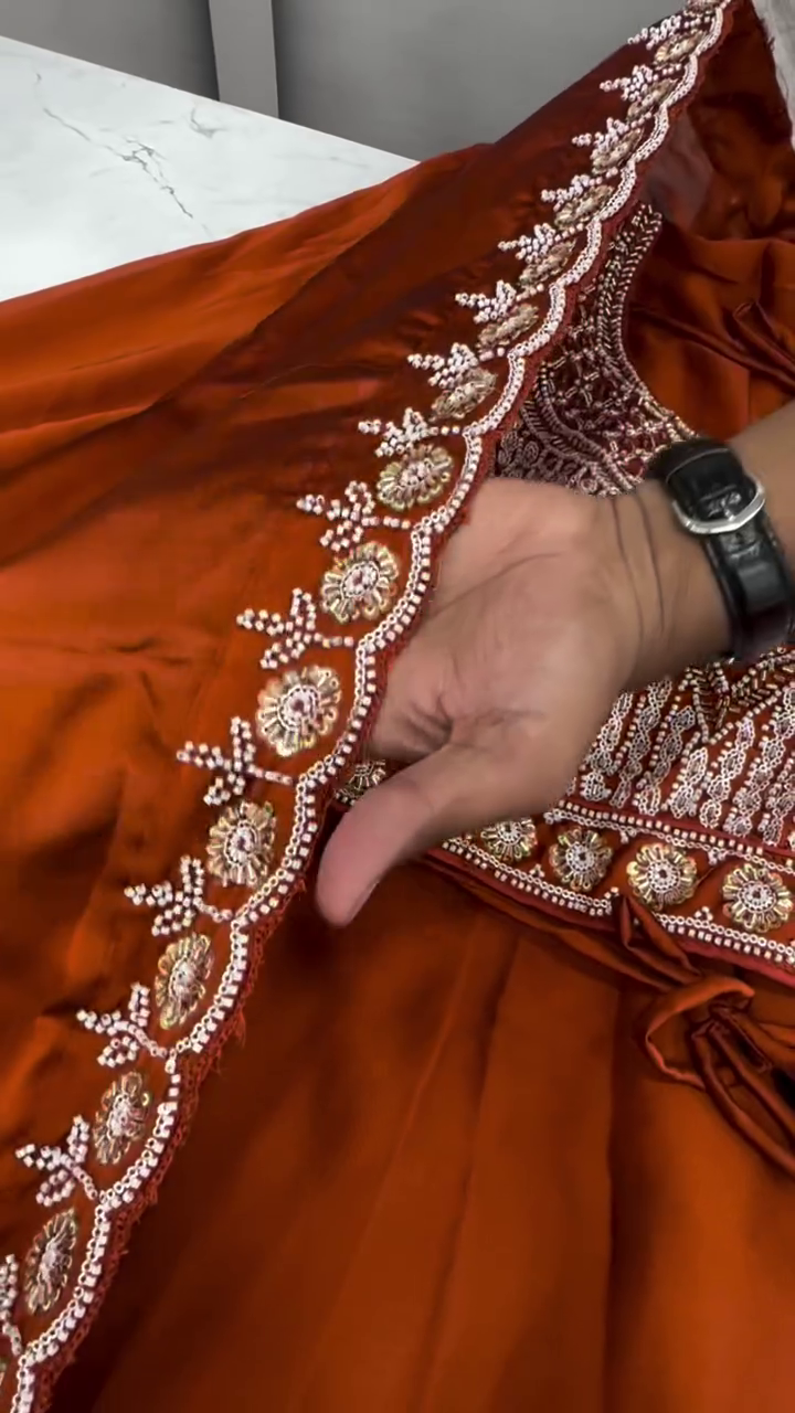 Orange Silk Zari Sequence Embroidery Work Semi Sttiched Lehenga Choli For Women's. - Image 8