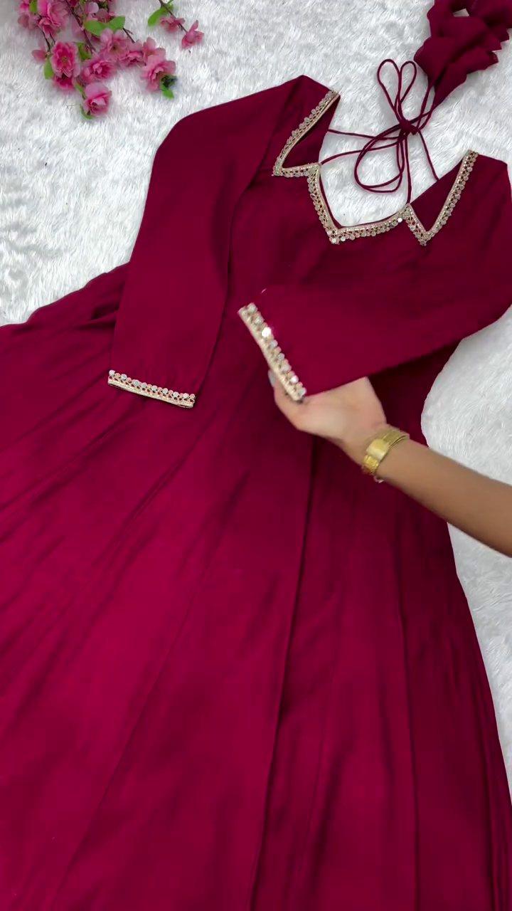 Self Design Chanderi Stitched Anarkali Gown (Maroon) - Image 13