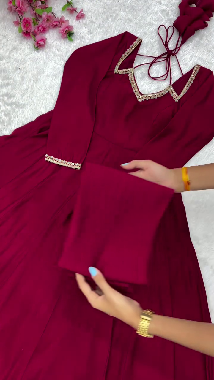 Self Design Chanderi Stitched Anarkali Gown (Maroon) - Image 12
