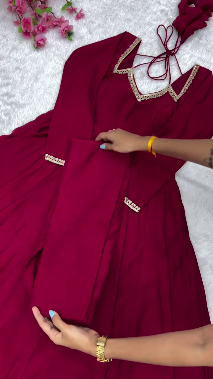 Self Design Chanderi Stitched Anarkali Gown (Maroon) - Image 11