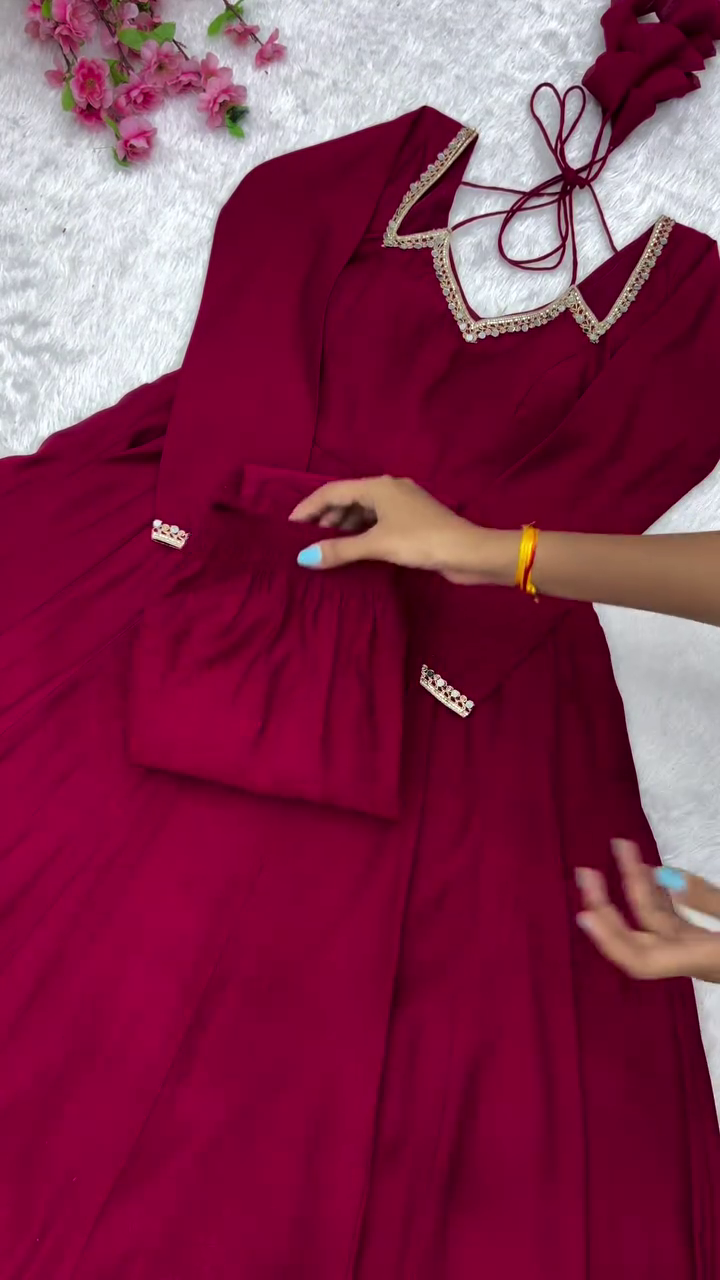Self Design Chanderi Stitched Anarkali Gown (Maroon) - Image 10