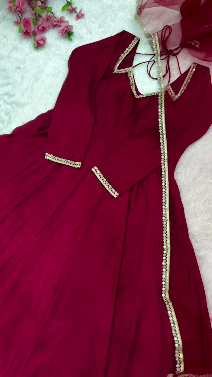 Self Design Chanderi Stitched Anarkali Gown (Maroon) - Image 8