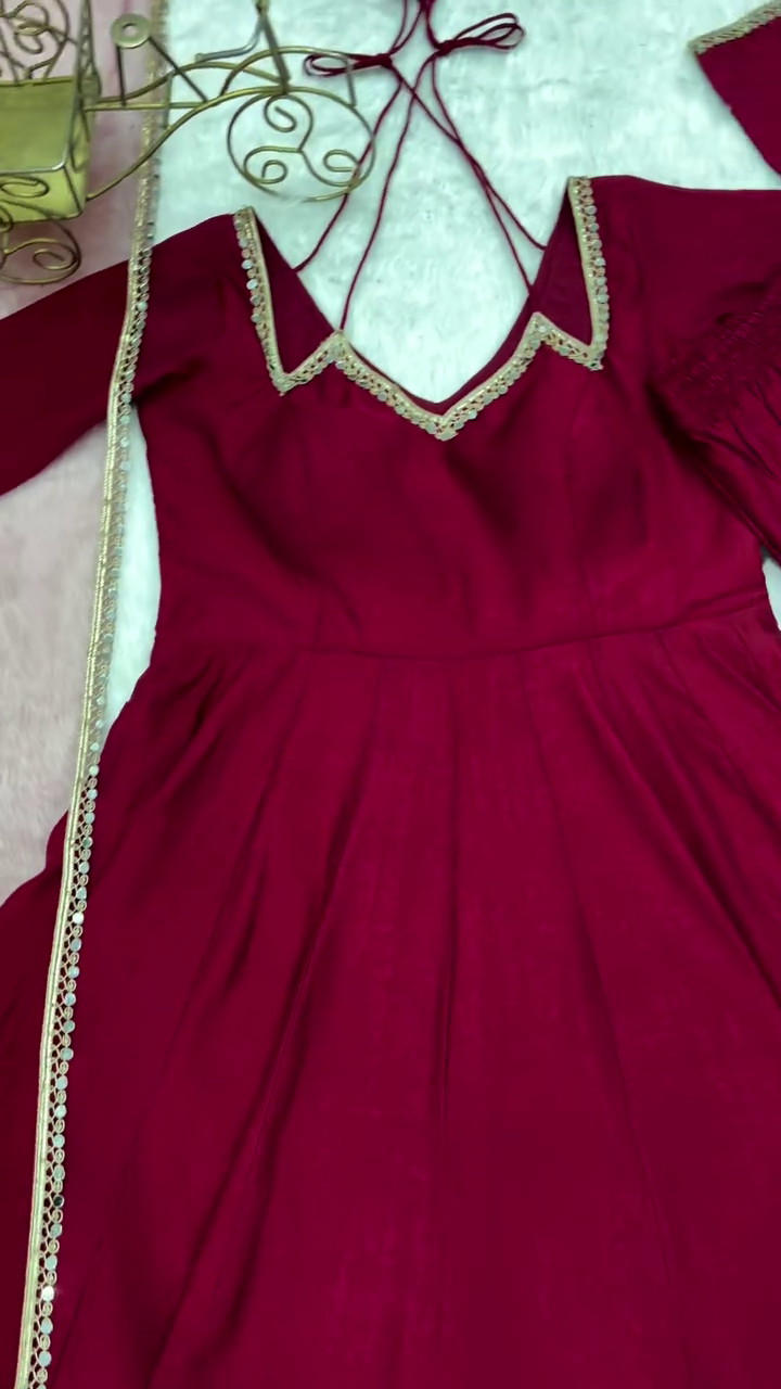 Self Design Chanderi Stitched Anarkali Gown (Maroon)