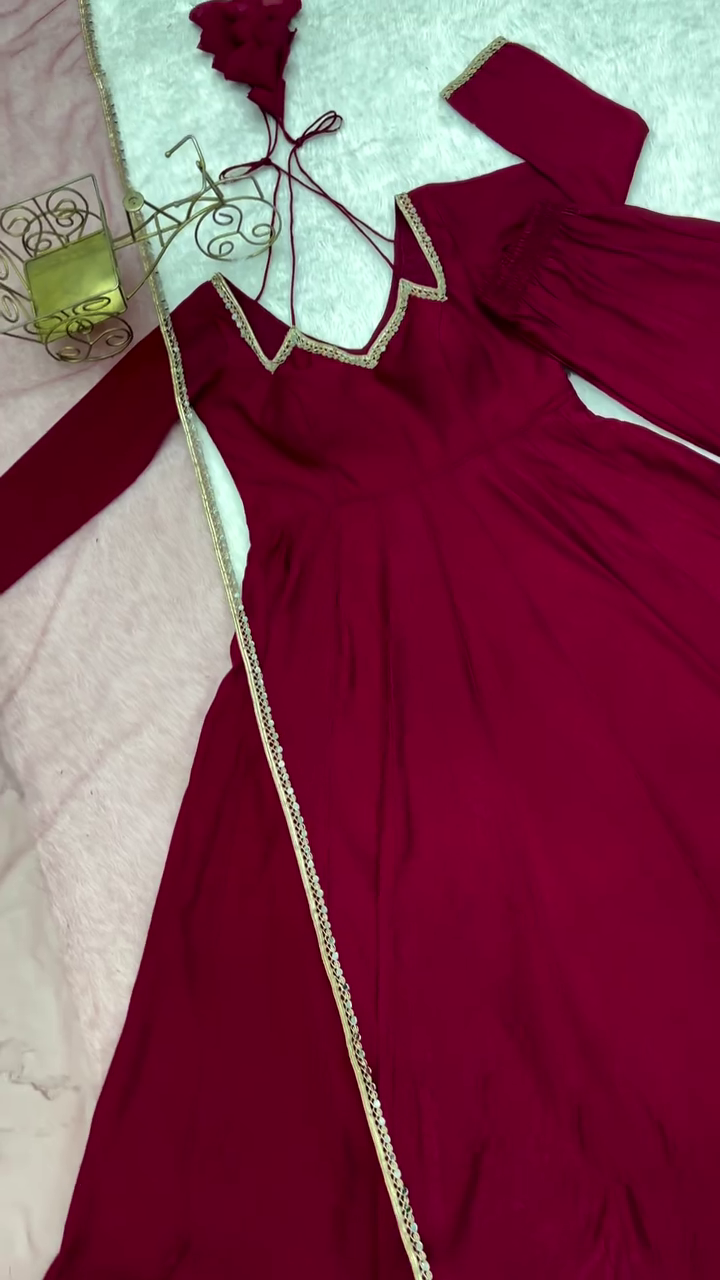 Self Design Chanderi Stitched Anarkali Gown (Maroon) - Image 3