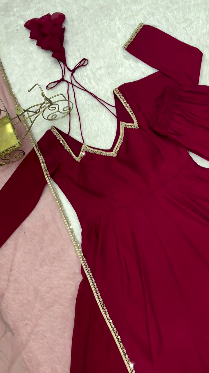 Self Design Chanderi Stitched Anarkali Gown (Maroon) - Image 2