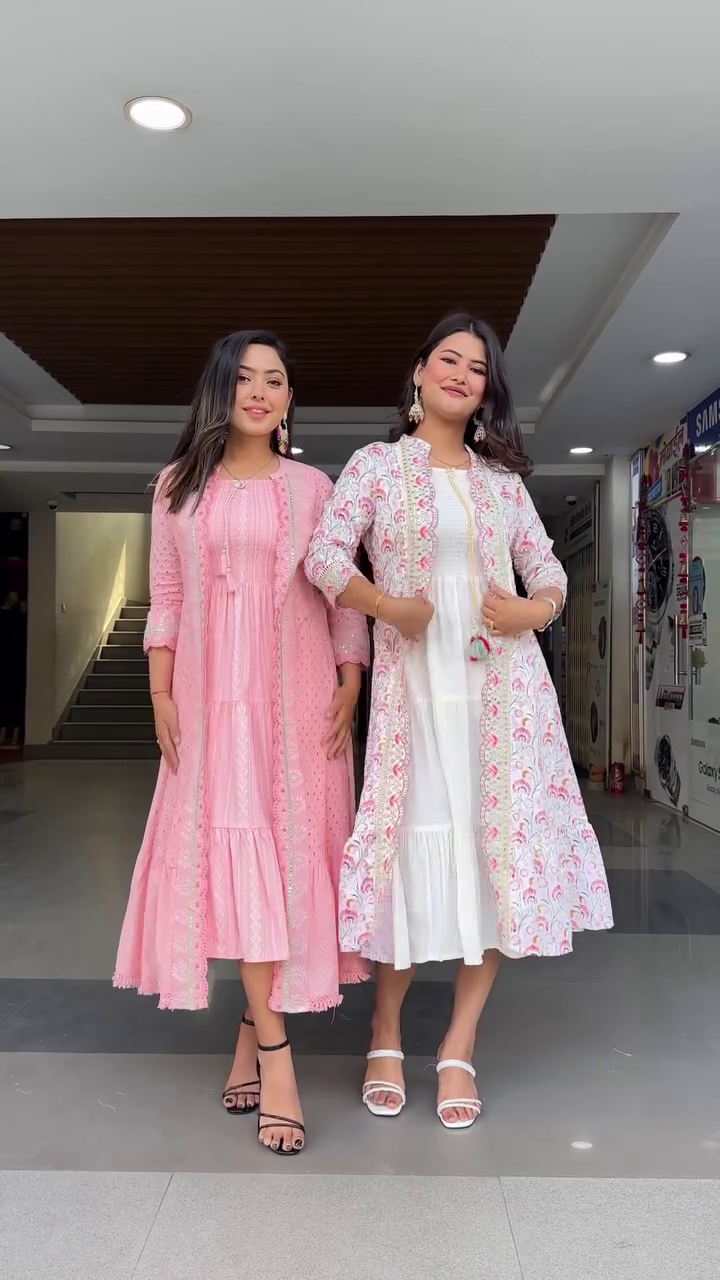 Pink Floral Embroidered Tiered Cotton Fit and Flare Midi Dress With Shrug - Image 7