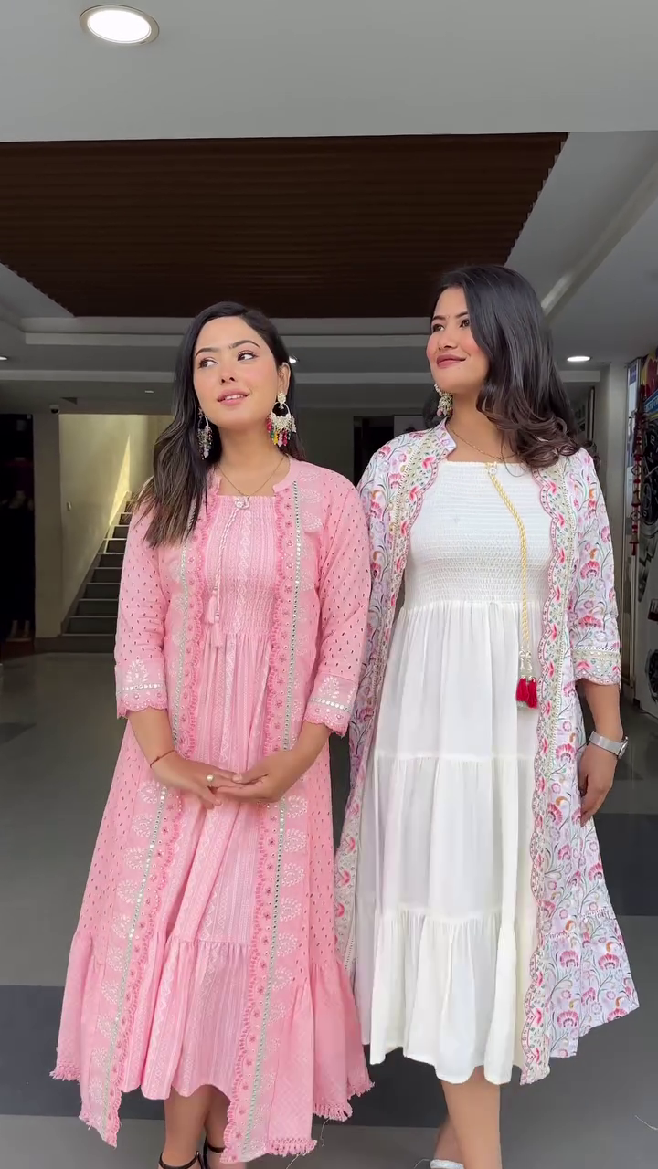 Pink Floral Embroidered Tiered Cotton Fit and Flare Midi Dress With Shrug - Image 2