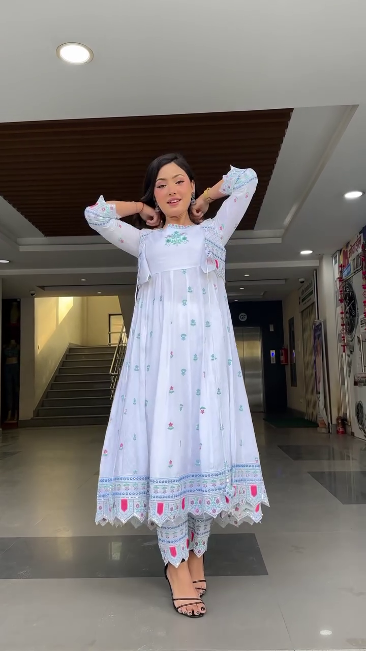 Dresser Women's Floral Embriodered Work Anarkali Kurta With Pant and Dupatta - Image 13
