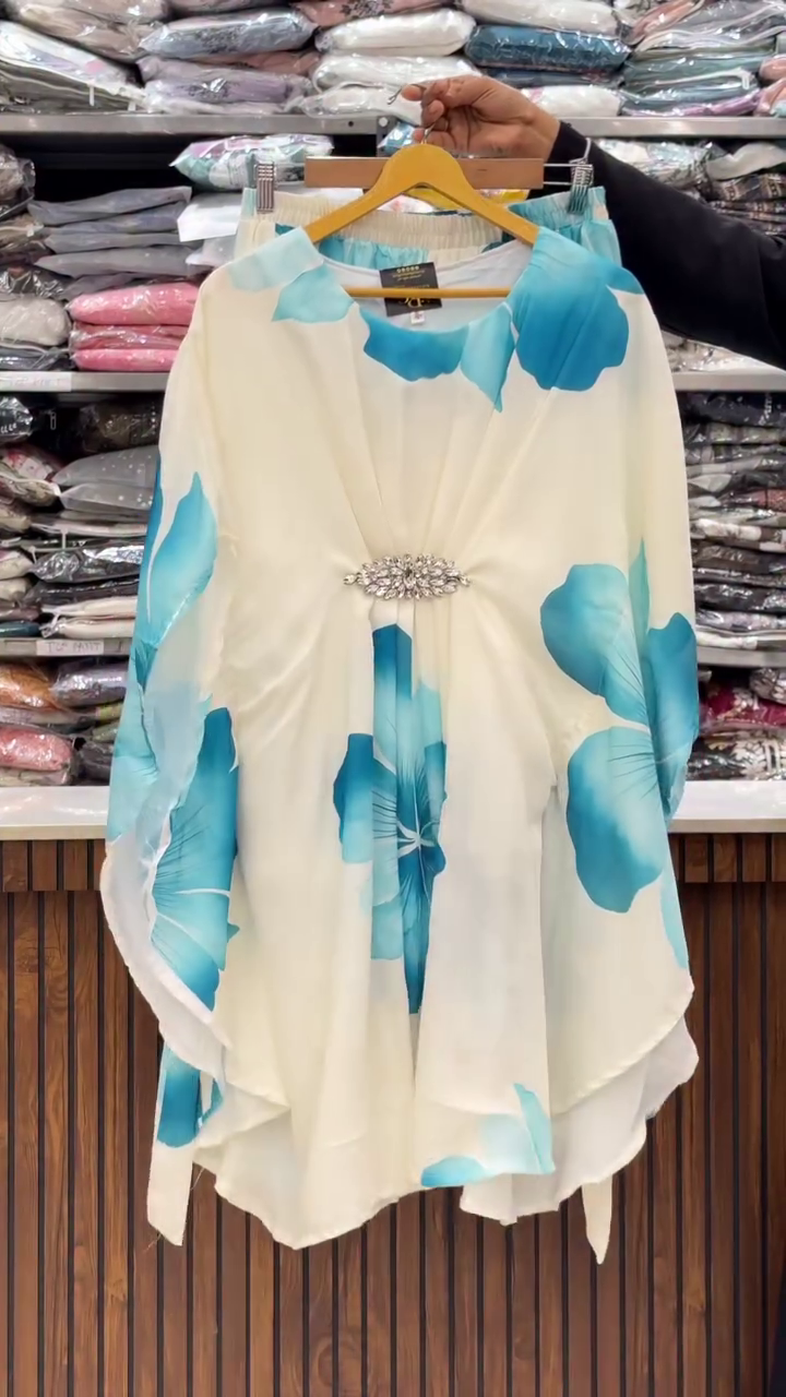 Stylish White Blue Floral Kaftan - Image 2