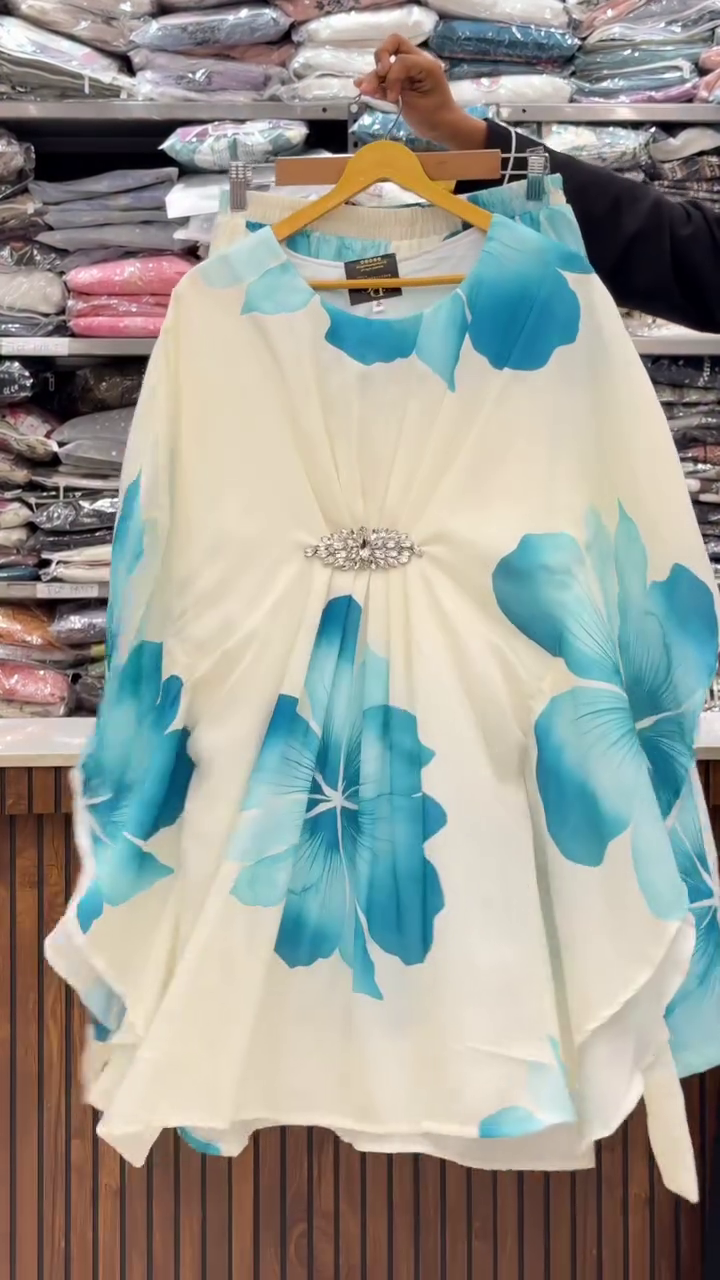 Stylish White Blue Floral Kaftan