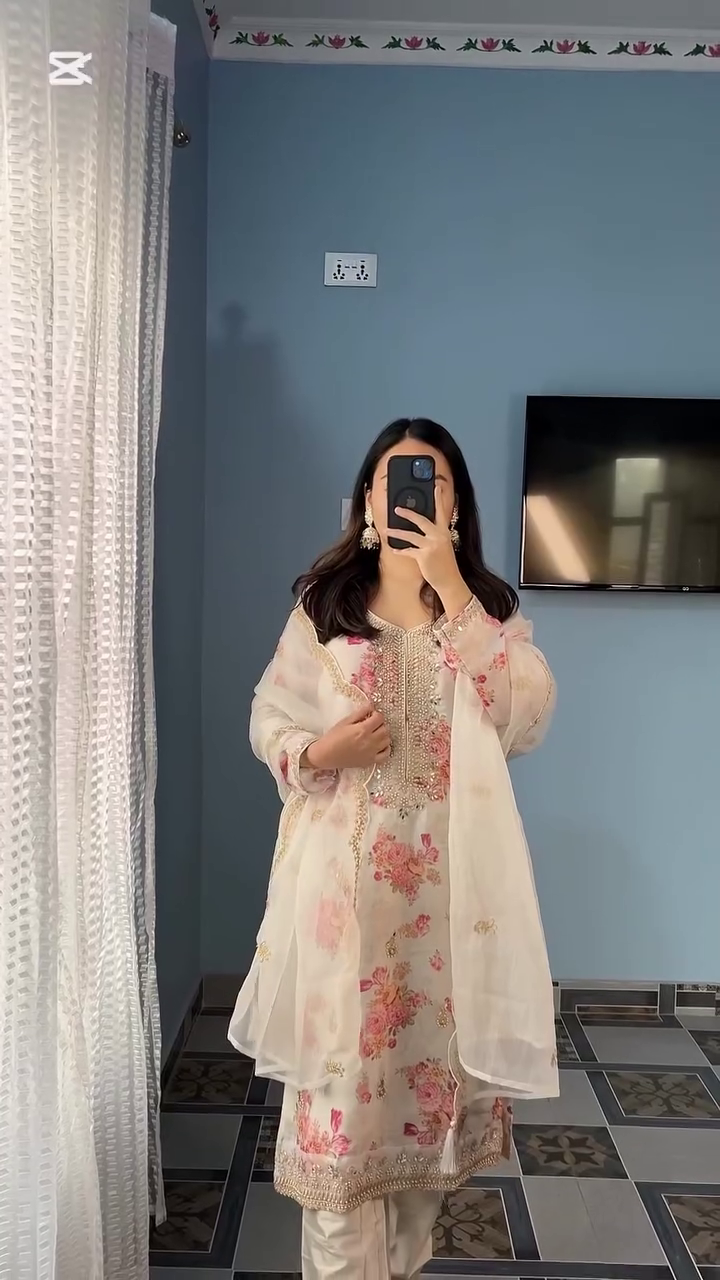 Off White Kundan Organza Suit