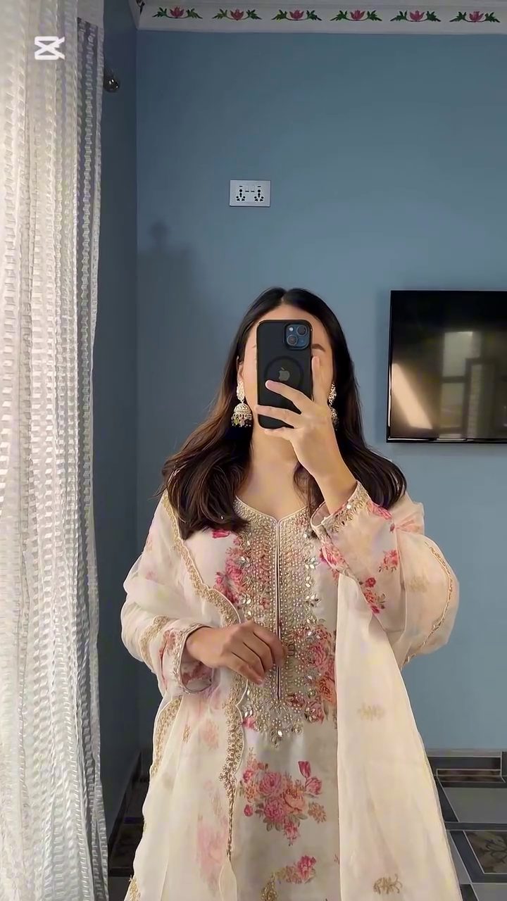 Off White Kundan Organza Suit - Image 2