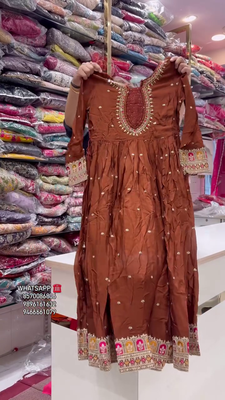 Floral Printed Notch Neck Thread Work Anarkali Kurta & Trousers With Dupatta - Image 8