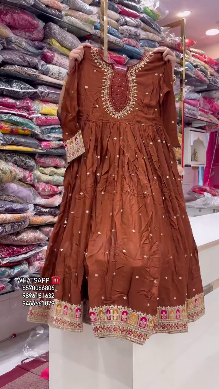 Floral Printed Notch Neck Thread Work Anarkali Kurta & Trousers With Dupatta