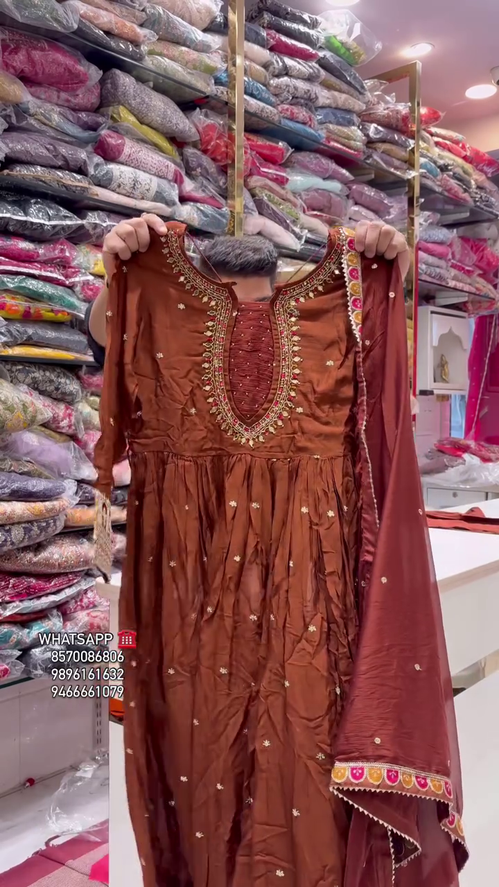 Floral Printed Notch Neck Thread Work Anarkali Kurta & Trousers With Dupatta - Image 3