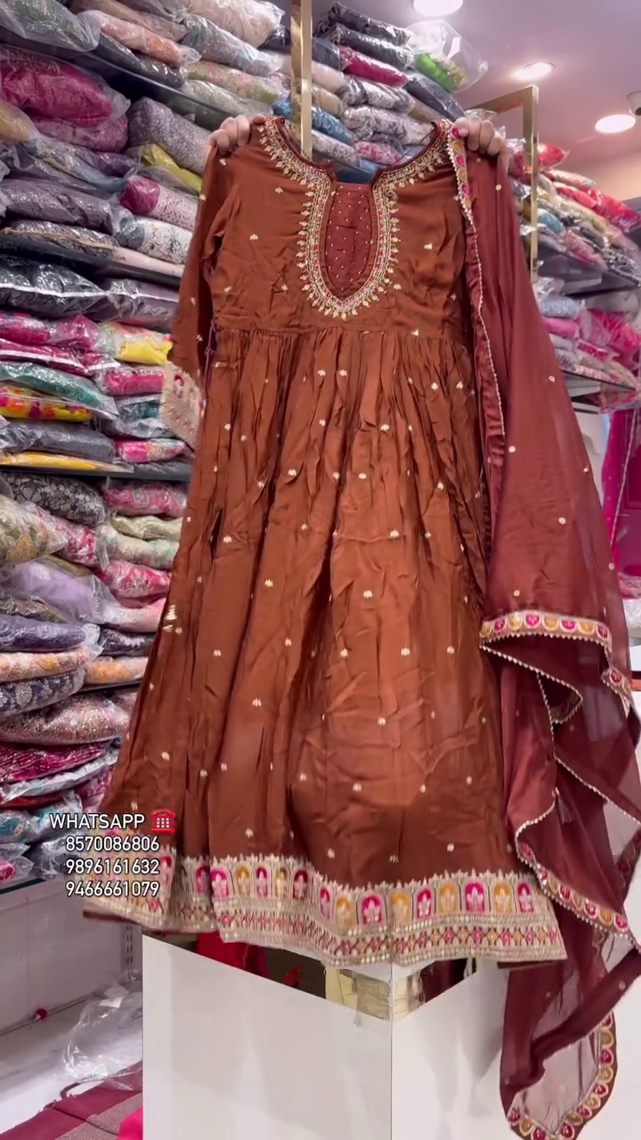 Floral Printed Notch Neck Thread Work Anarkali Kurta & Trousers With Dupatta - Image 2