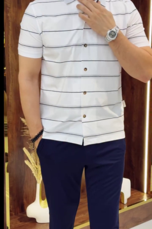 Classic White Slim Fit Horizontal Striped Spread Collar Cotton Casual Shirt