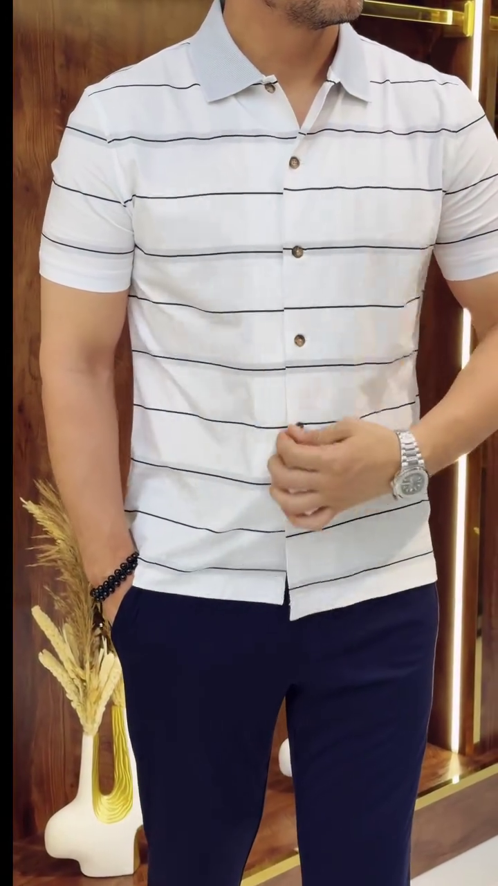 Classic White Slim Fit Horizontal Striped Spread Collar Cotton Casual Shirt - Image 10