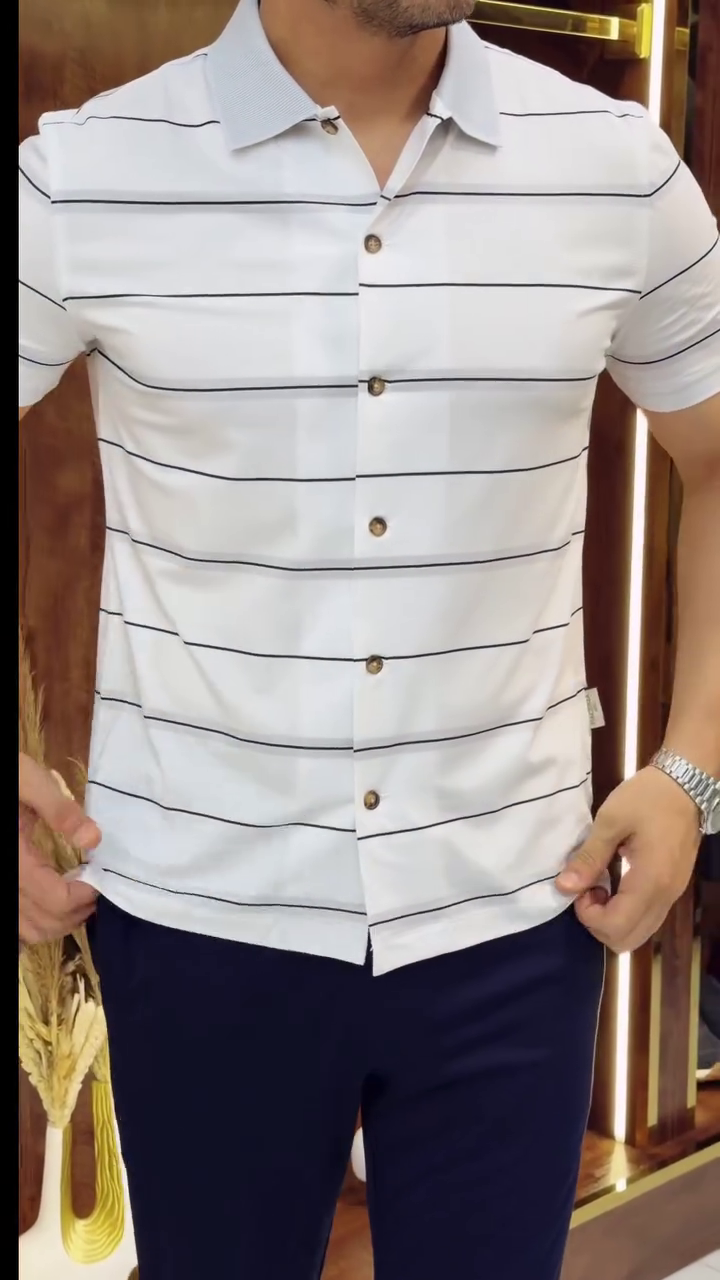 Classic White Slim Fit Horizontal Striped Spread Collar Cotton Casual Shirt - Image 9