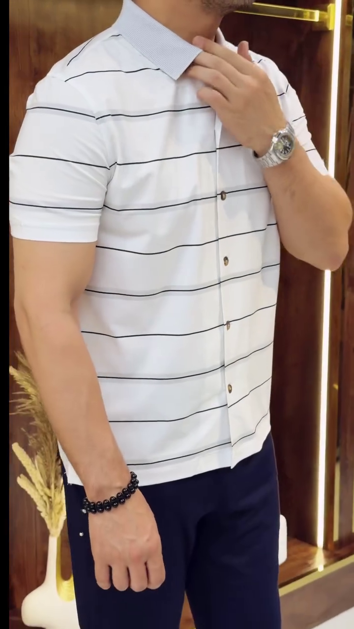Classic White Slim Fit Horizontal Striped Spread Collar Cotton Casual Shirt - Image 7