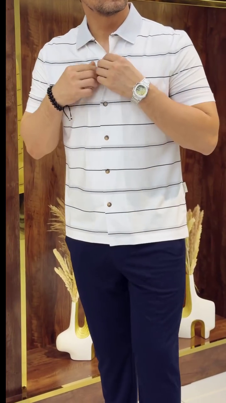 Classic White Slim Fit Horizontal Striped Spread Collar Cotton Casual Shirt - Image 4