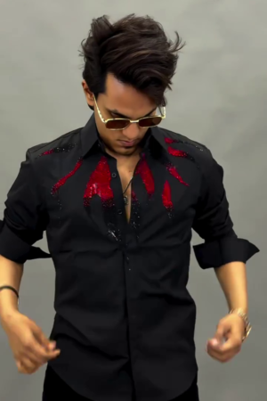 Men Standard Fit Embroidered Spread Collar Satin Casual Shirt